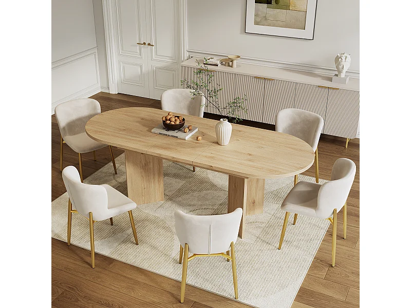 Uitschuifbare ronde tafelset en 6 stoelen - 120/160 * 80 x 75,5 cm - fluwelen stoel - MDF - natuurlijk