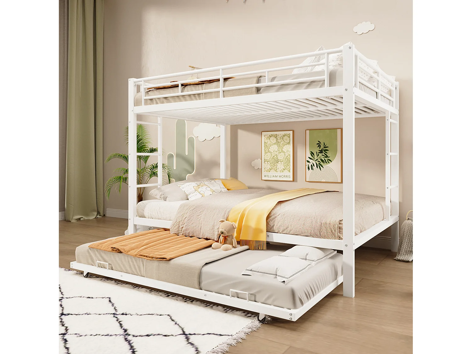 Metall-Etagenbett - 2 x 140 x 200 cm - mit Ausziehbett 90 x 190 cm - Metall - weiß