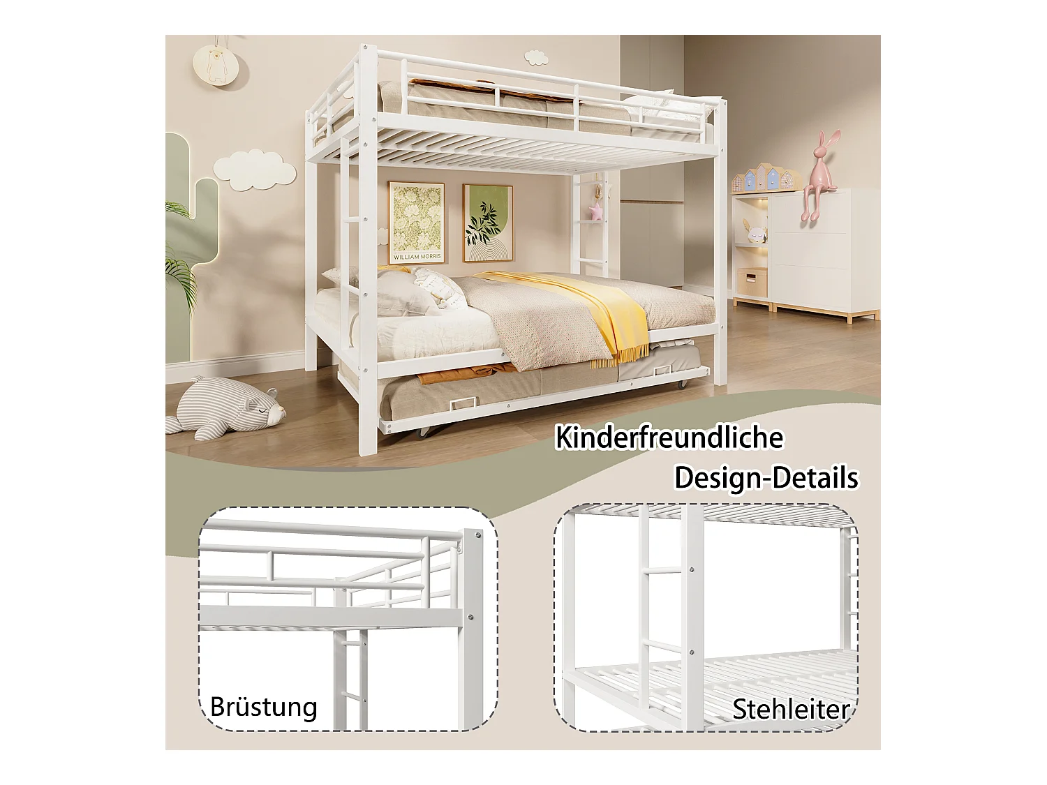 Metall-Etagenbett - 2 x 140 x 200 cm - mit Ausziehbett 90 x 190 cm - Metall - weiß
