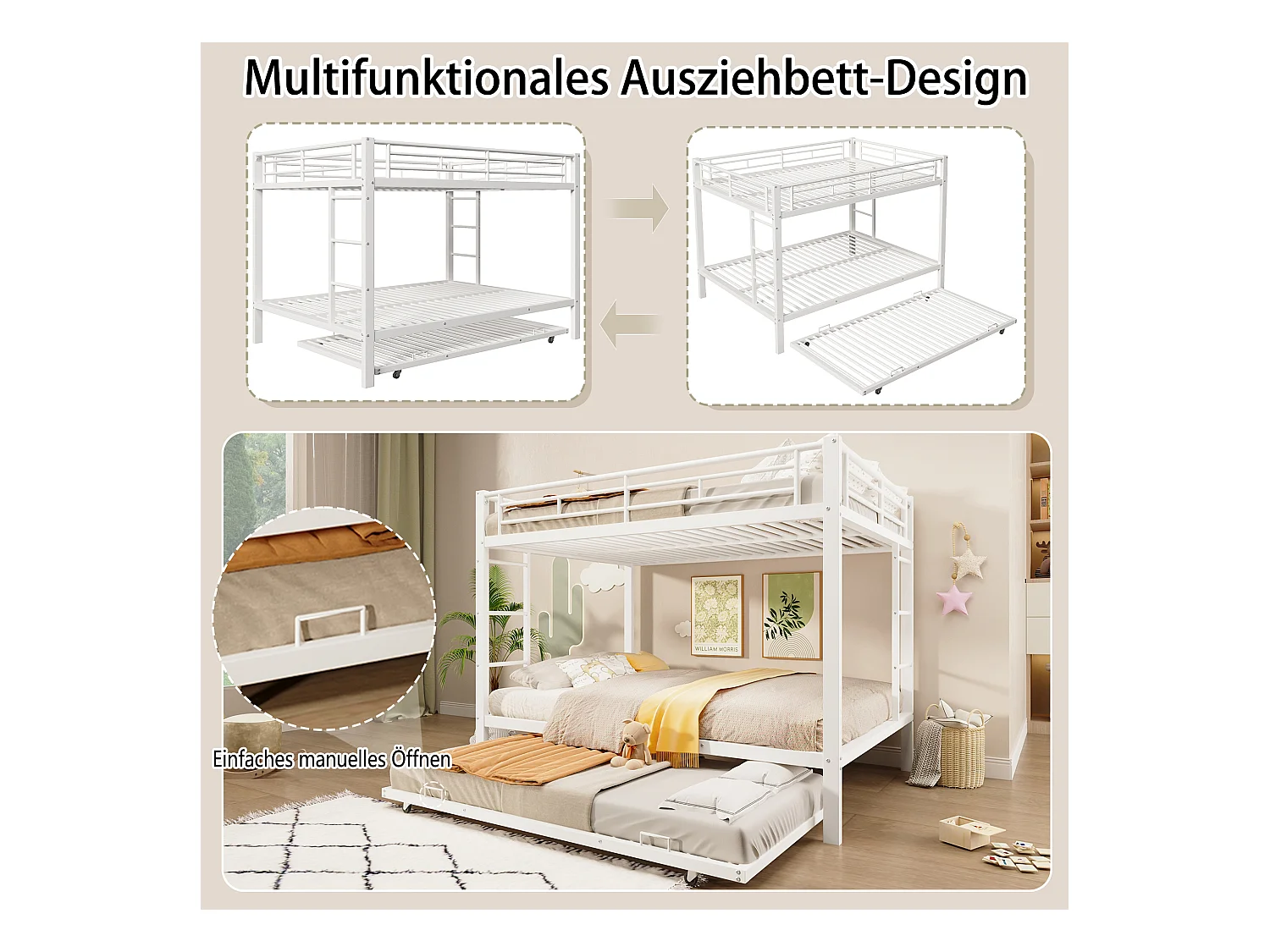 Metall-Etagenbett - 2 x 140 x 200 cm - mit Ausziehbett 90 x 190 cm - Metall - weiß