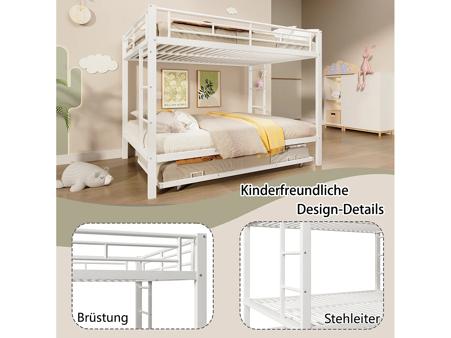 Lit superposés en métal - 2 x 140 x 200 cm - avec lit gigogne 90 x 190 cm - métal - blanc