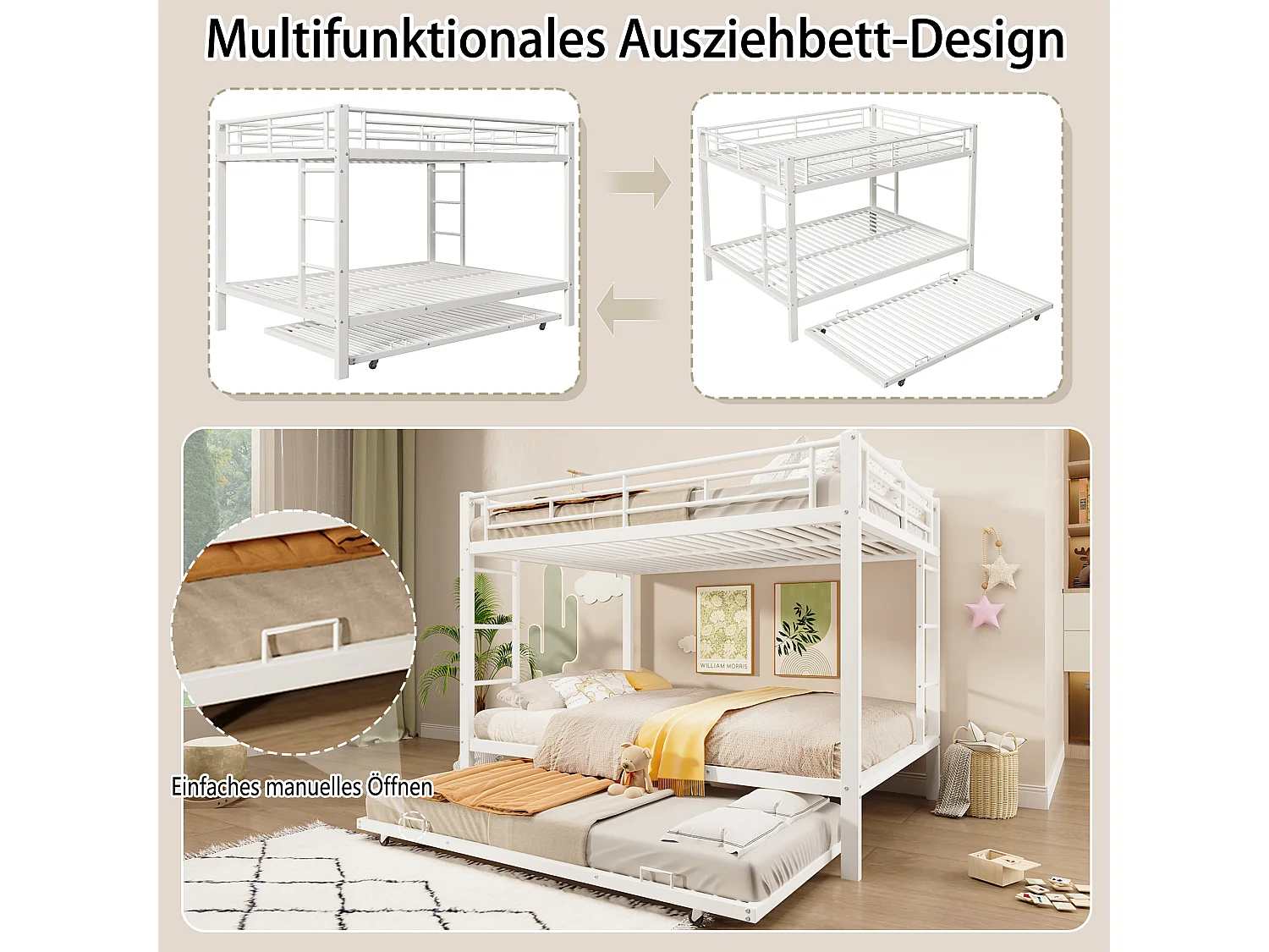 Lit superposés en métal - 2 x 140 x 200 cm - avec lit gigogne 90 x 190 cm - métal - blanc