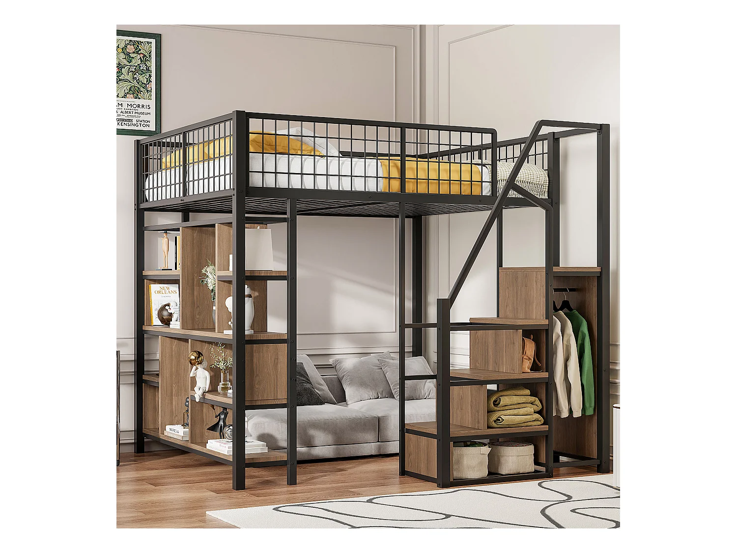 Łóżko piętrowe metalowe dla dzieci - 140 x 200 cm - z szafą + półki + schody - drewno + metal - czarne