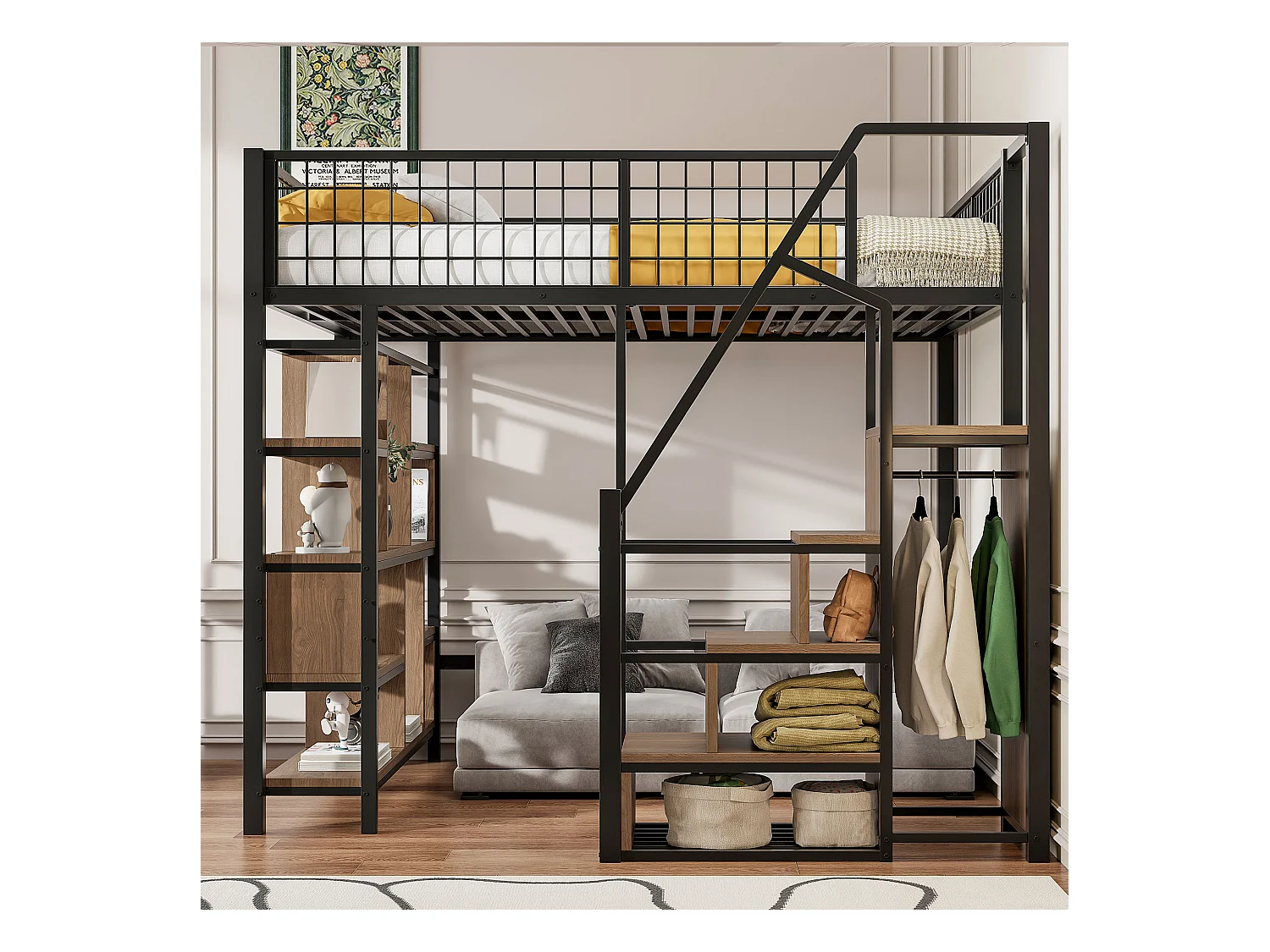 Łóżko piętrowe metalowe dla dzieci - 140 x 200 cm - z szafą + półki + schody - drewno + metal - czarne