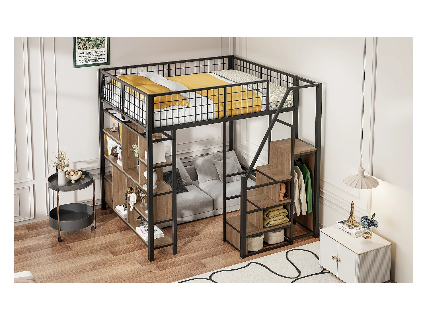 Łóżko piętrowe metalowe dla dzieci - 140 x 200 cm - z szafą + półki + schody - drewno + metal - czarne