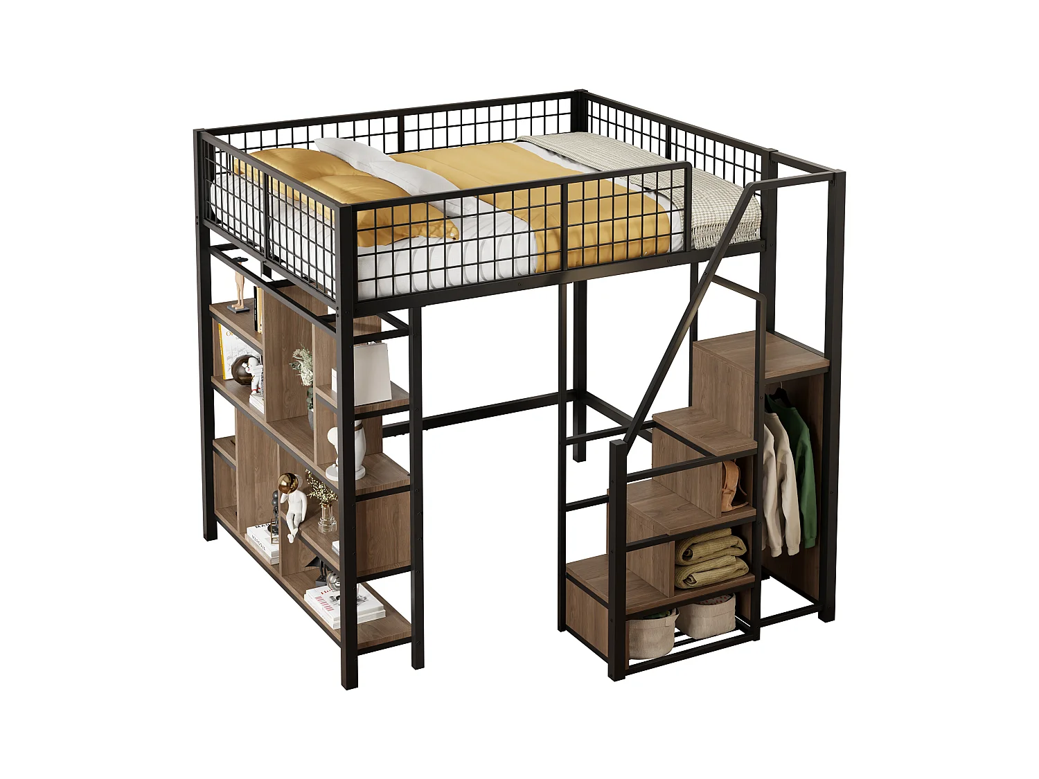 Łóżko piętrowe metalowe dla dzieci - 140 x 200 cm - z szafą + półki + schody - drewno + metal - czarne