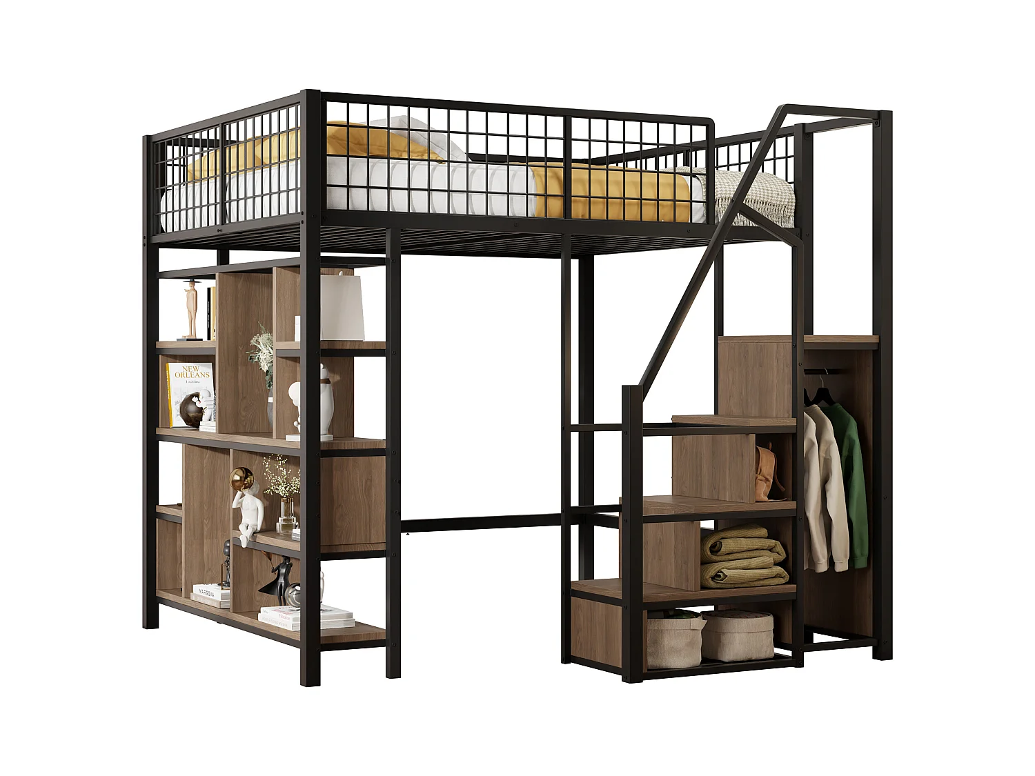 Łóżko piętrowe metalowe dla dzieci - 140 x 200 cm - z szafą + półki + schody - drewno + metal - czarne