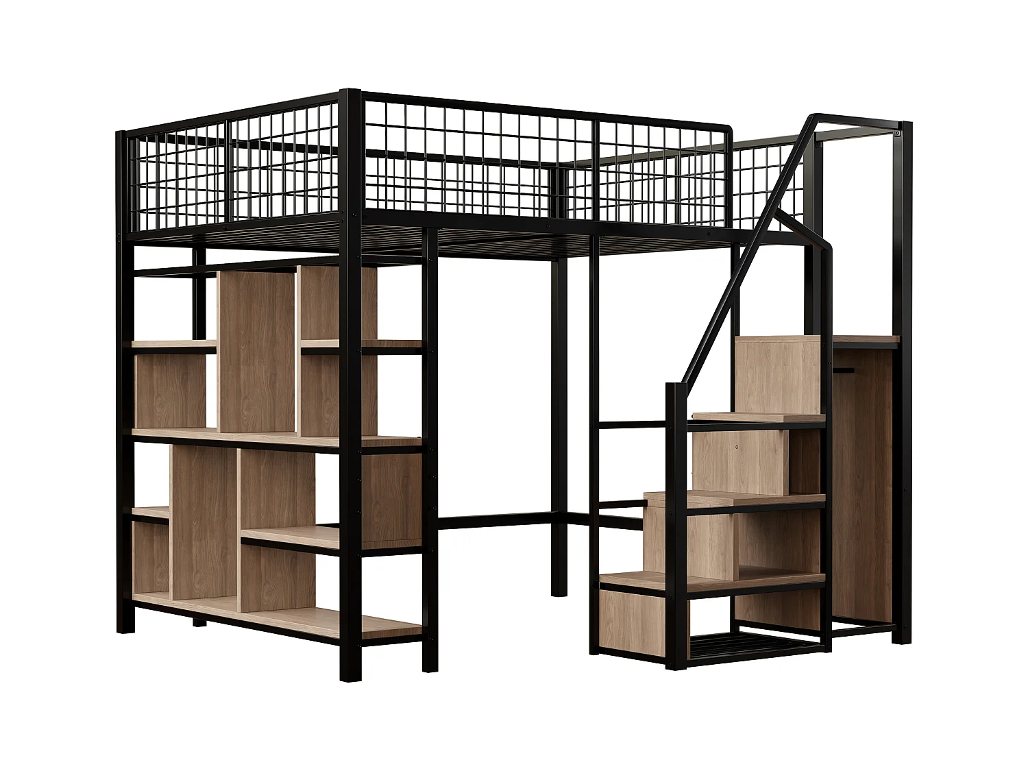Łóżko piętrowe metalowe dla dzieci - 140 x 200 cm - z szafą + półki + schody - drewno + metal - czarne