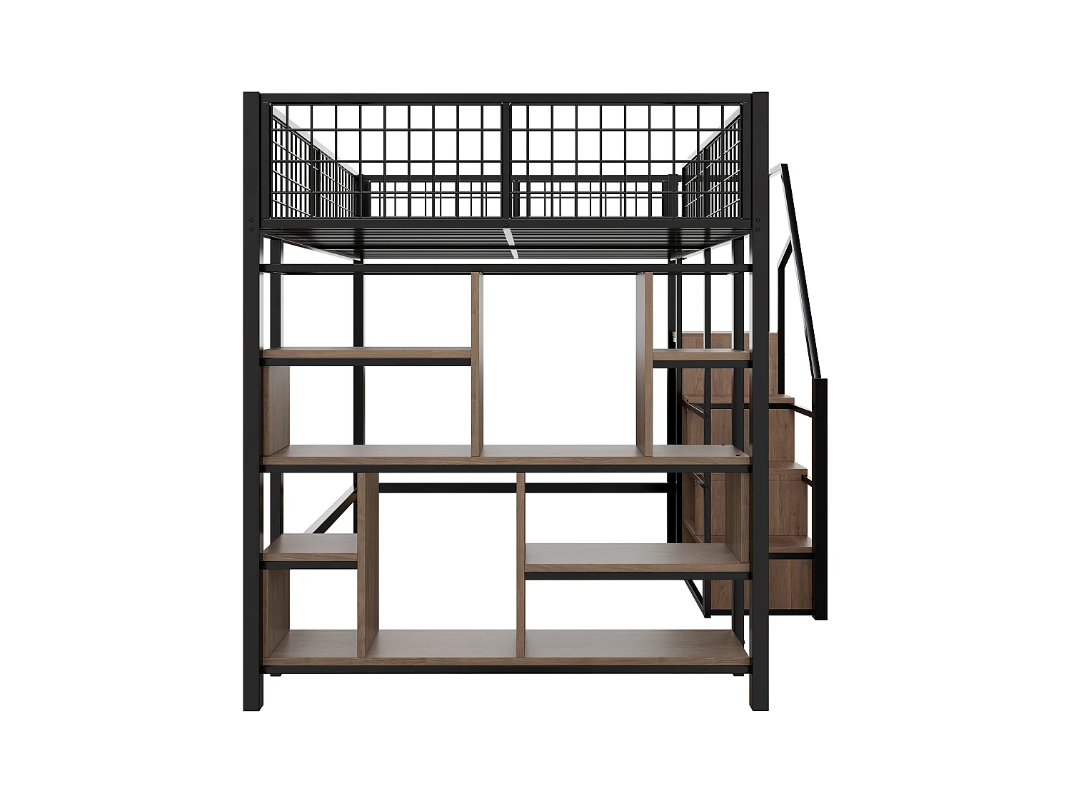 Łóżko piętrowe metalowe dla dzieci - 140 x 200 cm - z szafą + półki + schody - drewno + metal - czarne