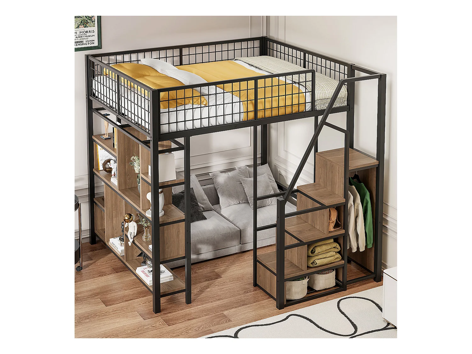 Kinder-Metallhochbett - 140 x 200 cm - mit Kleiderschrank + Regale + Treppe - Holz + Metall - schwarz