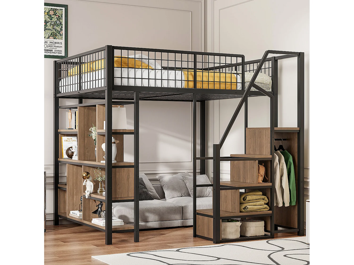 Lit mezzanine enfant en métal - 140 x 200 cm - avec armoire + étagères + escalier - bois + métal - noir