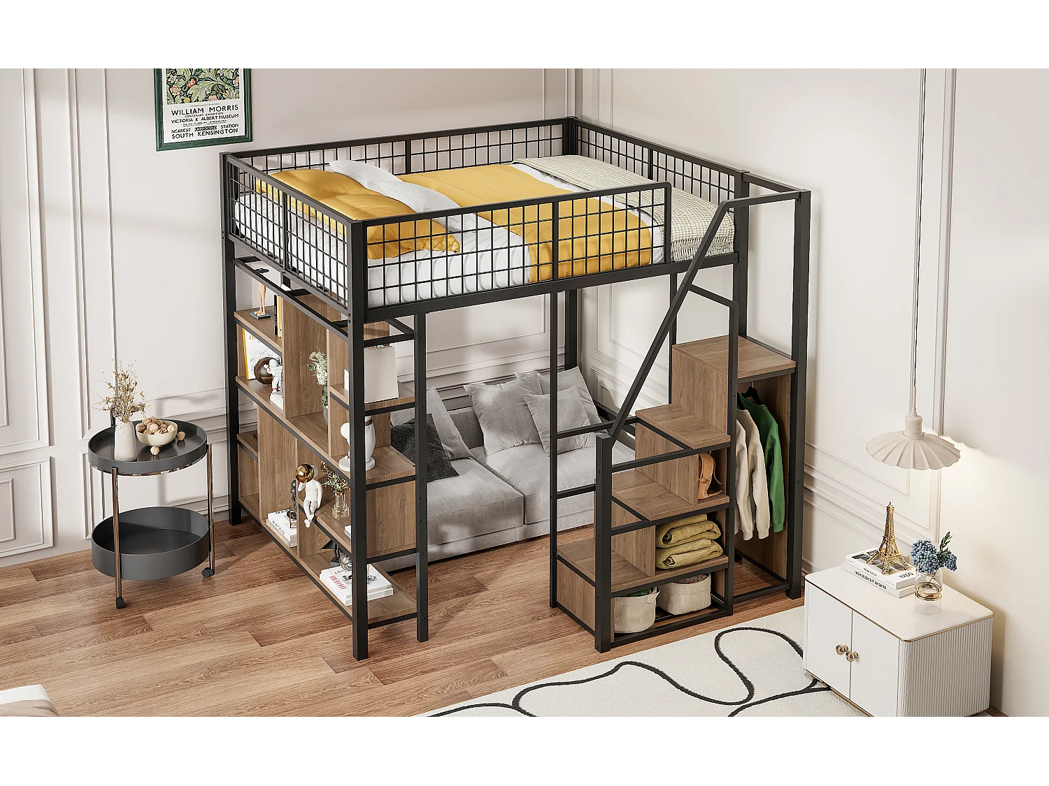 Lit mezzanine enfant en métal - 140 x 200 cm - avec armoire + étagères + escalier - bois + métal - noir