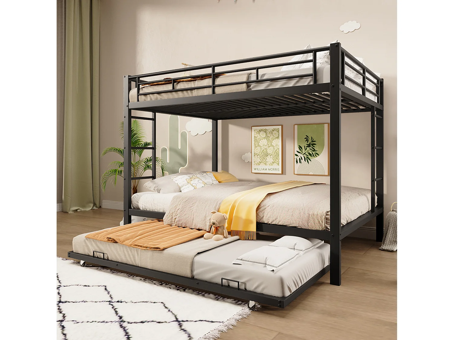 Metall-Etagenbett - 2 x 140 x 200 cm - mit Ausziehbett 90 x 190 cm - Metall - schwarz