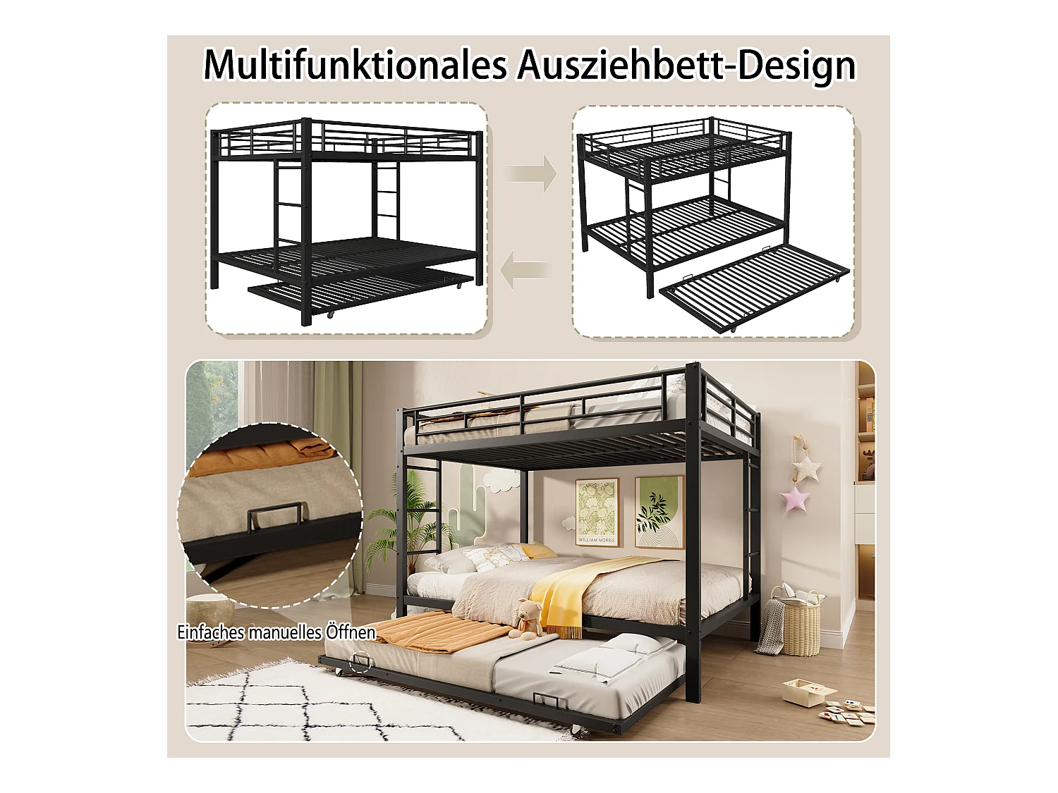 Metall-Etagenbett - 2 x 140 x 200 cm - mit Ausziehbett 90 x 190 cm - Metall - schwarz
