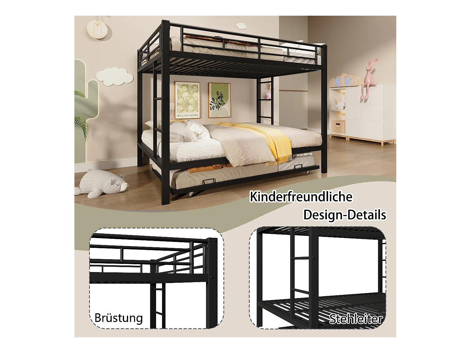 Metall-Etagenbett - 2 x 140 x 200 cm - mit Ausziehbett 90 x 190 cm - Metall - schwarz
