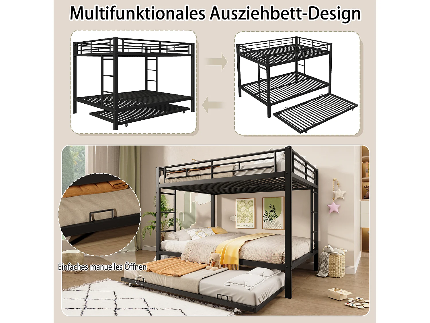 Lit superposés en métal - 2 x 140 x 200 cm - avec lit gigogne 90 x 190 cm - métal - noir