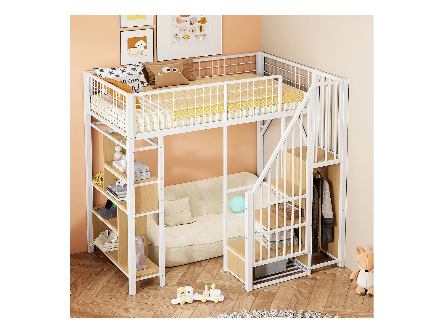 Lit mezzanine enfant en métal - 90 x 200 cm - avec armoire + étagères + escalier - bois + métal - blanc