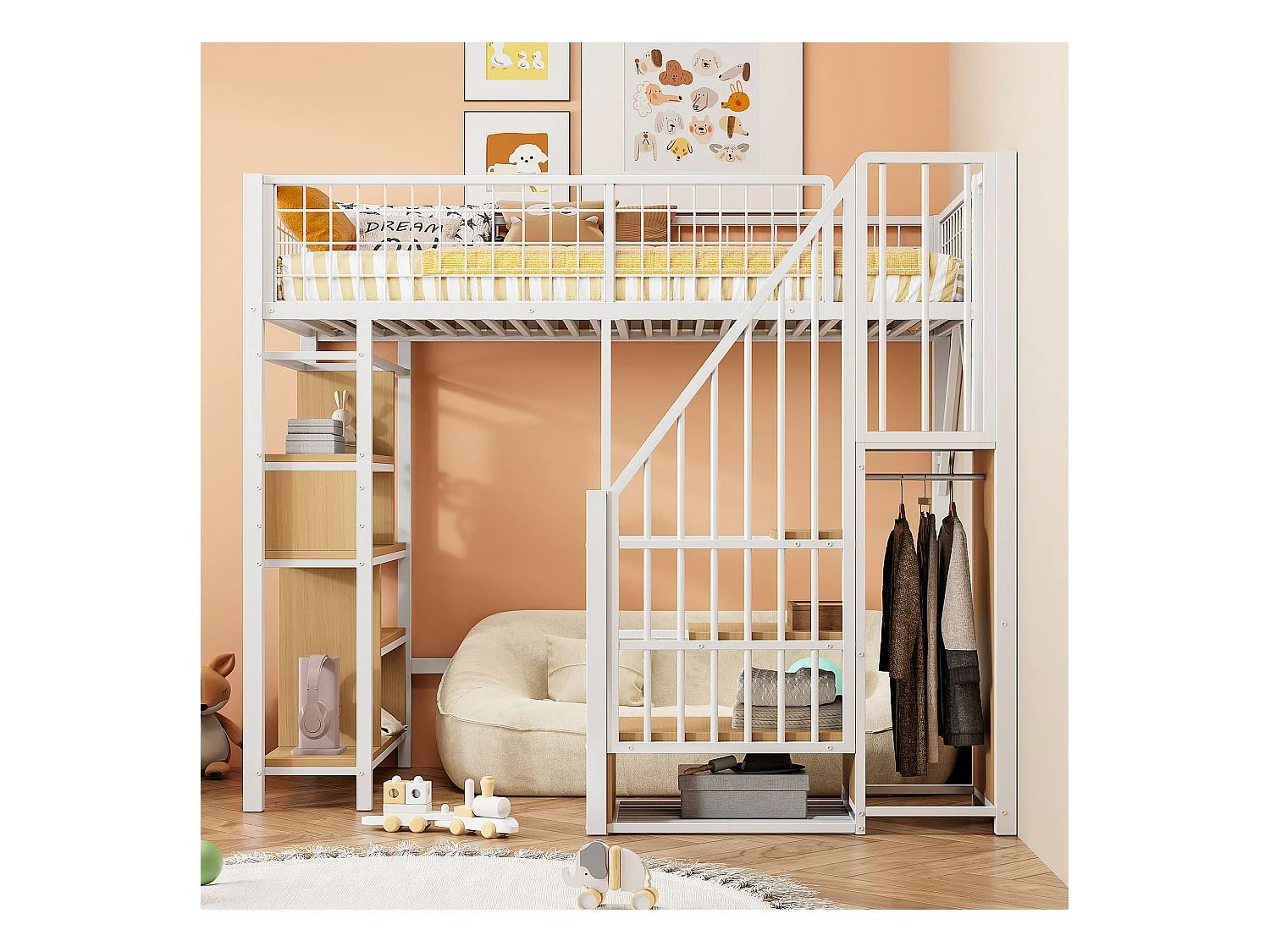 Lit mezzanine enfant en métal - 90 x 200 cm - avec armoire + étagères + escalier - bois + métal - blanc