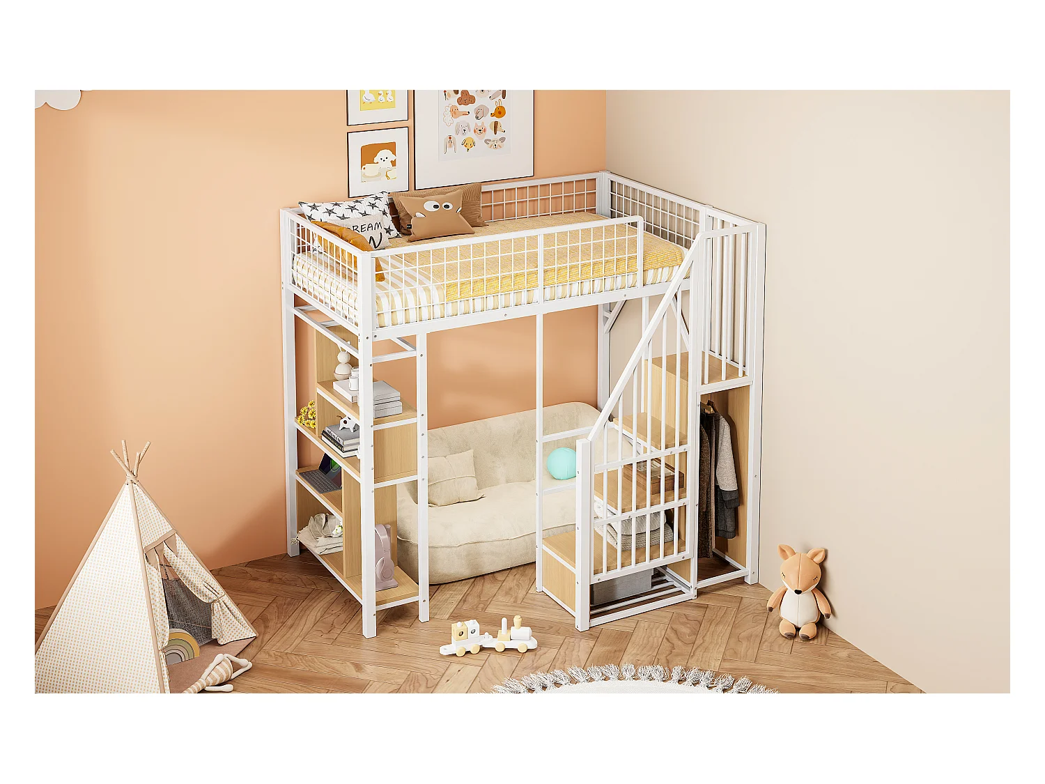 Lit mezzanine enfant en métal - 90 x 200 cm - avec armoire + étagères + escalier - bois + métal - blanc