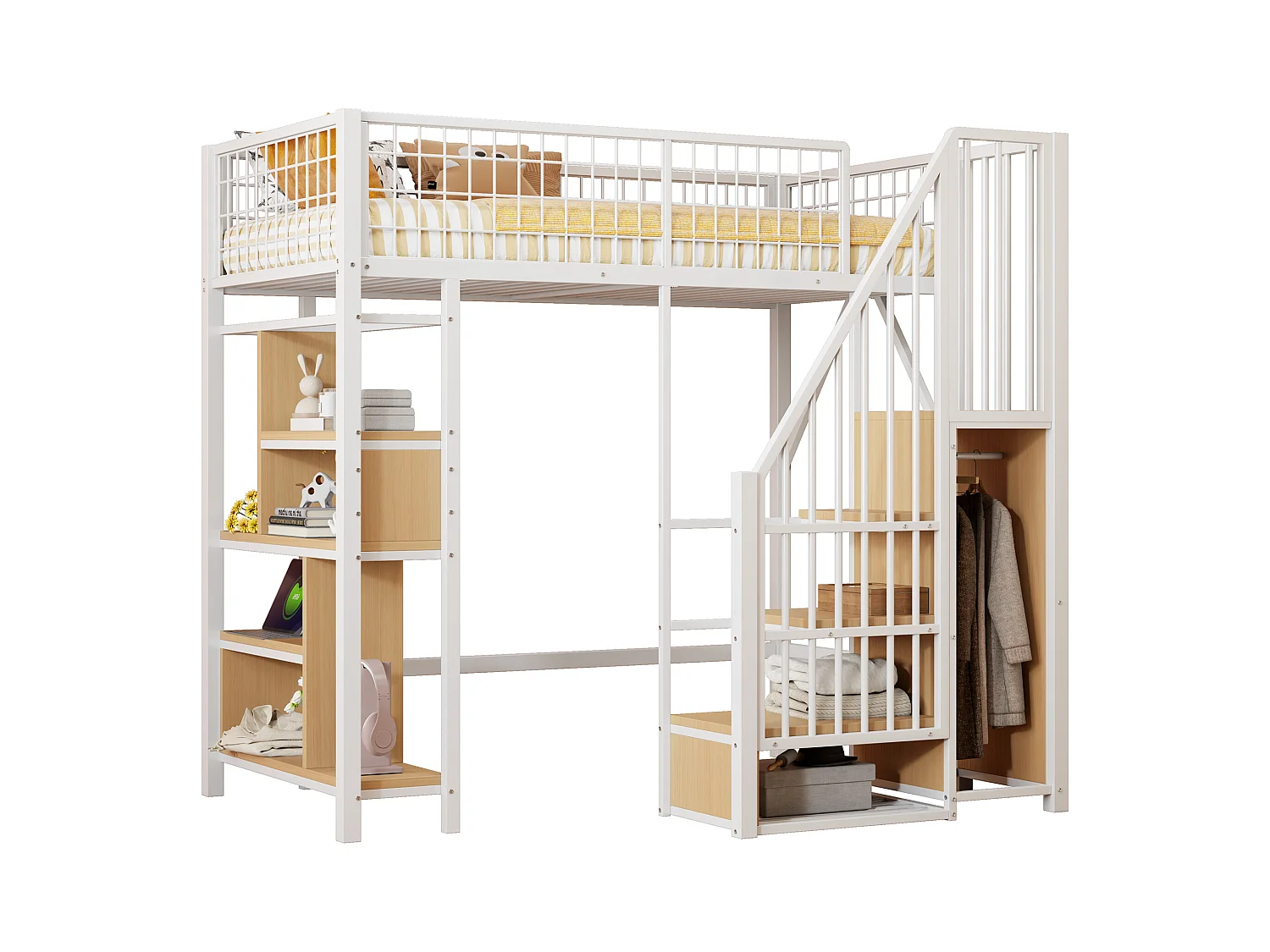 Lit mezzanine enfant en métal - 90 x 200 cm - avec armoire + étagères + escalier - bois + métal - blanc