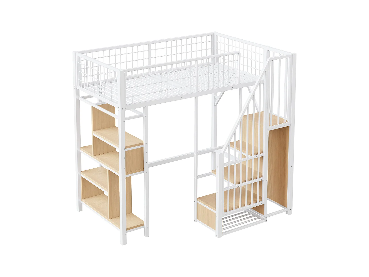 Lit mezzanine enfant en métal - 90 x 200 cm - avec armoire + étagères + escalier - bois + métal - blanc