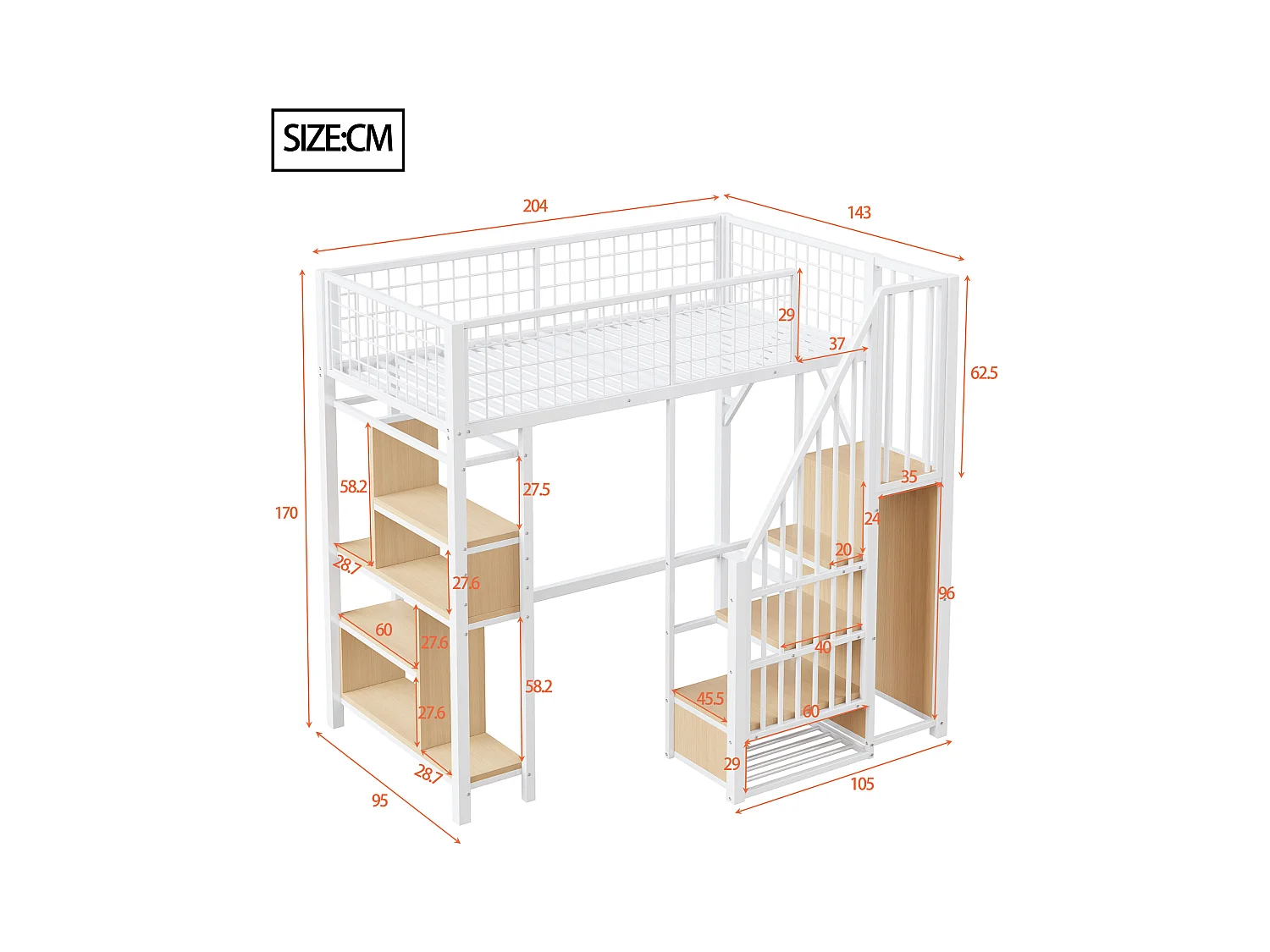 Lit mezzanine enfant en métal - 90 x 200 cm - avec armoire + étagères + escalier - bois + métal - blanc