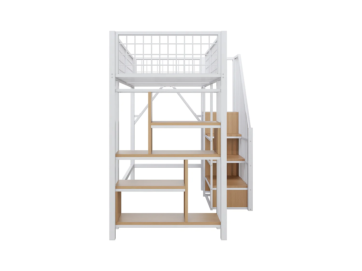 Lit mezzanine enfant en métal - 90 x 200 cm - avec armoire + étagères + escalier - bois + métal - blanc