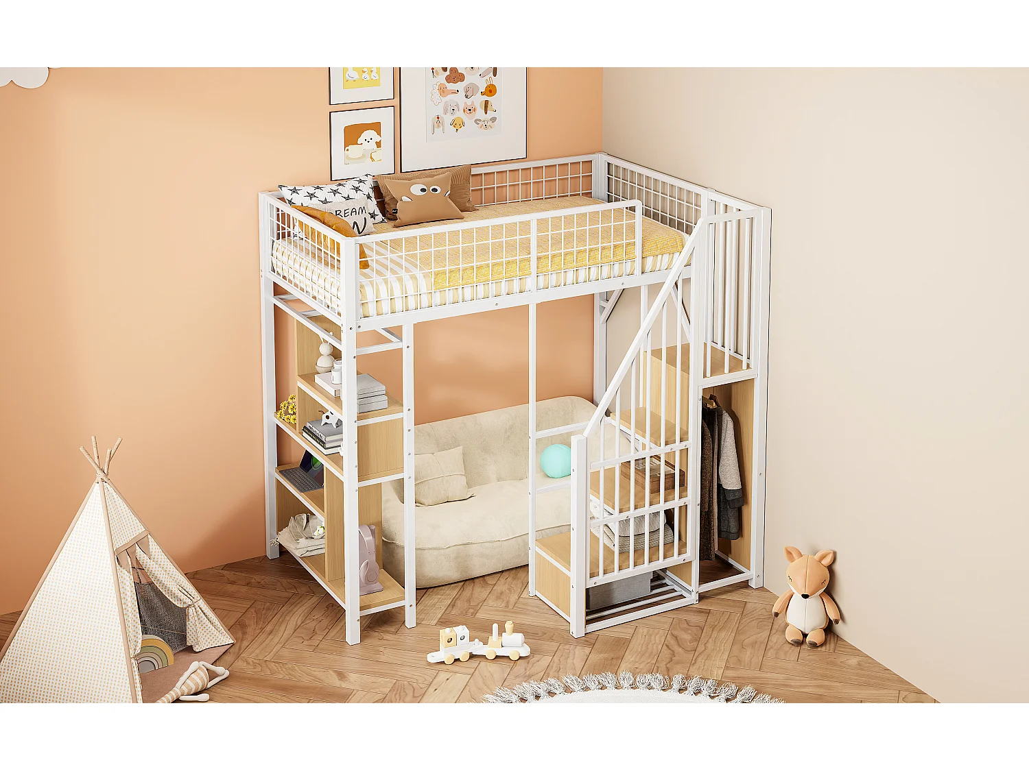 Lit mezzanine enfant en métal - 90 x 200 cm - avec armoire + étagères + escalier - bois + métal - blanc