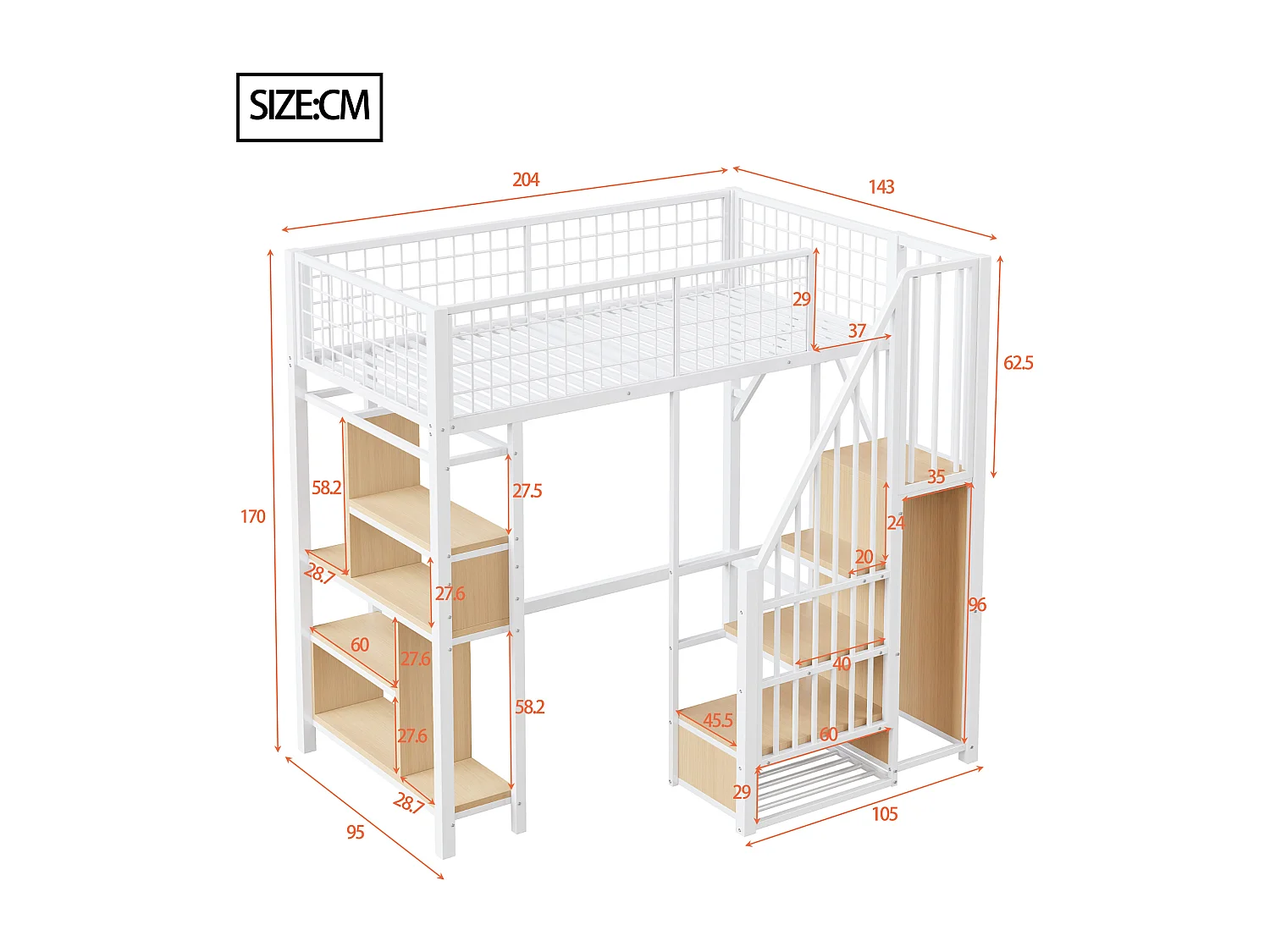 Lit mezzanine enfant en métal - 90 x 200 cm - avec armoire + étagères + escalier - bois + métal - blanc