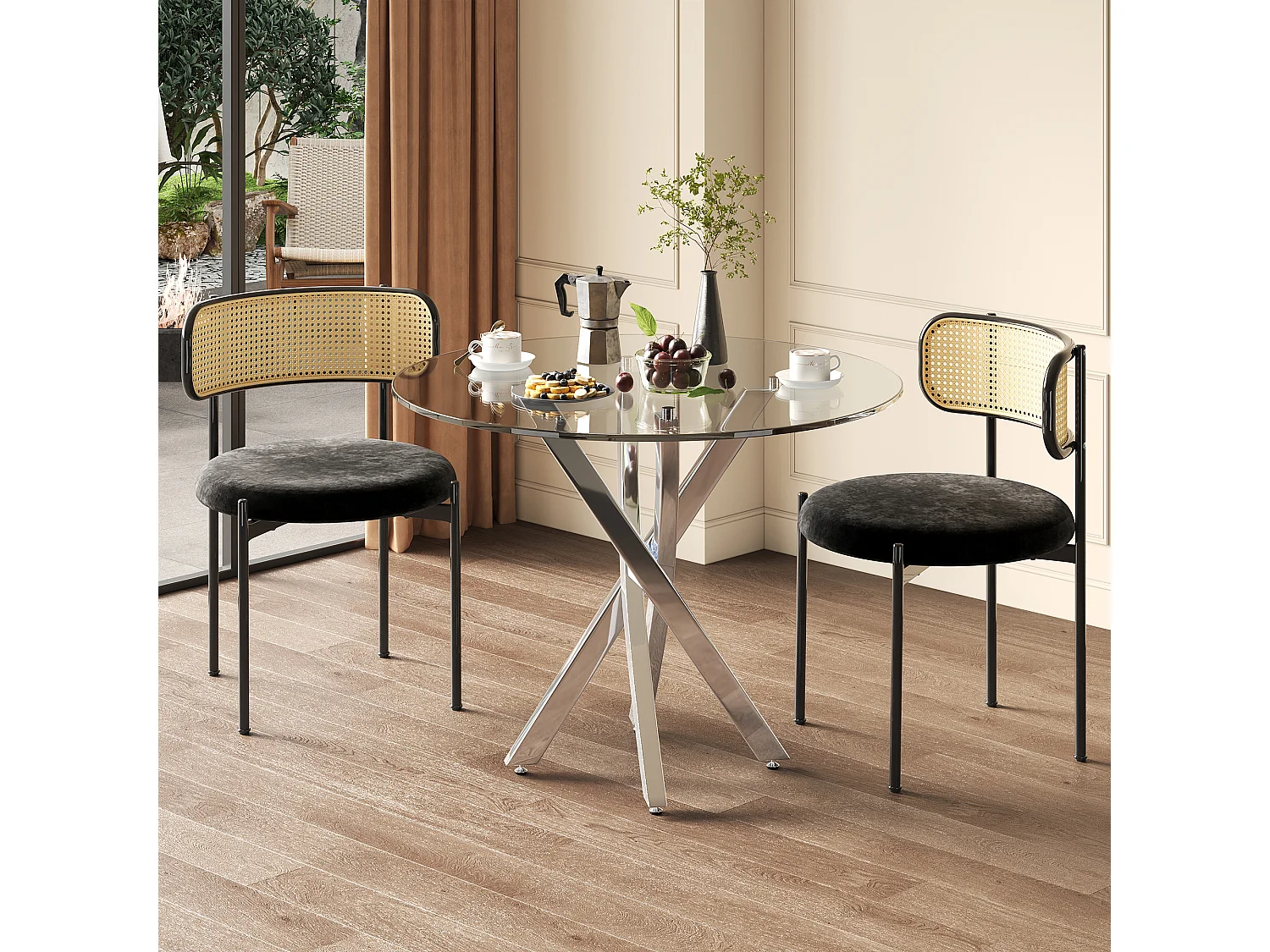 Esstisch und 2 Stühle im Set – 80 x 80 x 75 cm – Tischplatte aus gehärtetem Glas – Samt + Metall – Schwarz