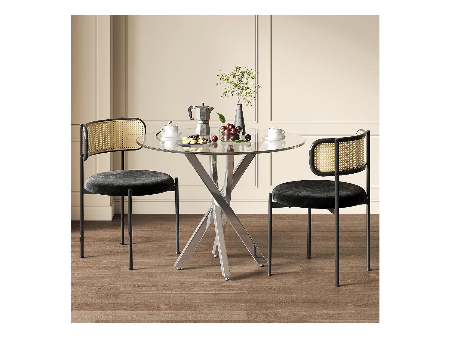 Esstisch und 2 Stühle im Set – 80 x 80 x 75 cm – Tischplatte aus gehärtetem Glas – Samt + Metall – Schwarz