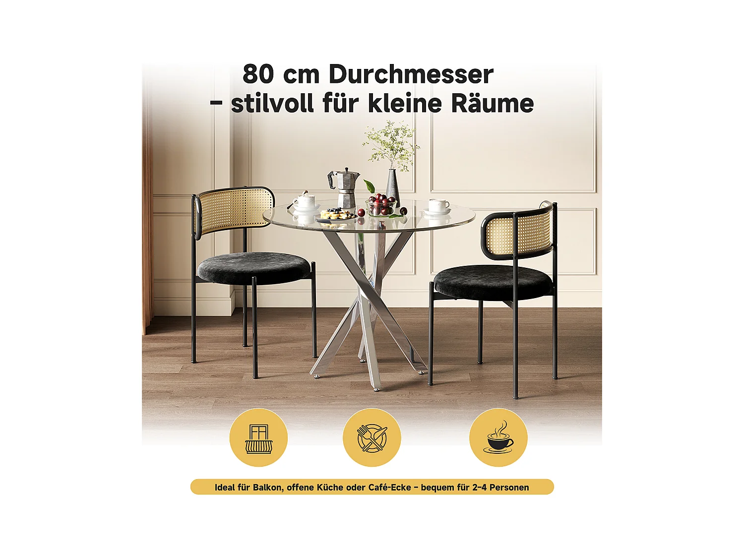 Esstisch und 2 Stühle im Set – 80 x 80 x 75 cm – Tischplatte aus gehärtetem Glas – Samt + Metall – Schwarz