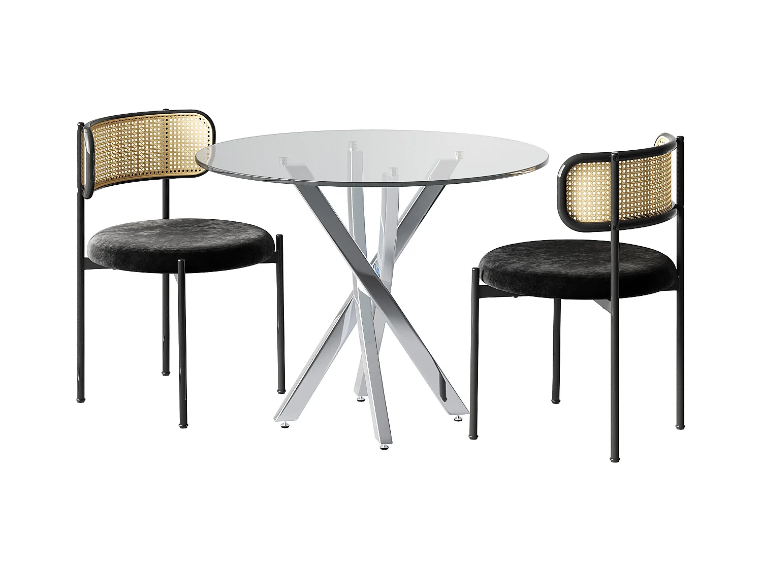 Esstisch und 2 Stühle im Set – 80 x 80 x 75 cm – Tischplatte aus gehärtetem Glas – Samt + Metall – Schwarz