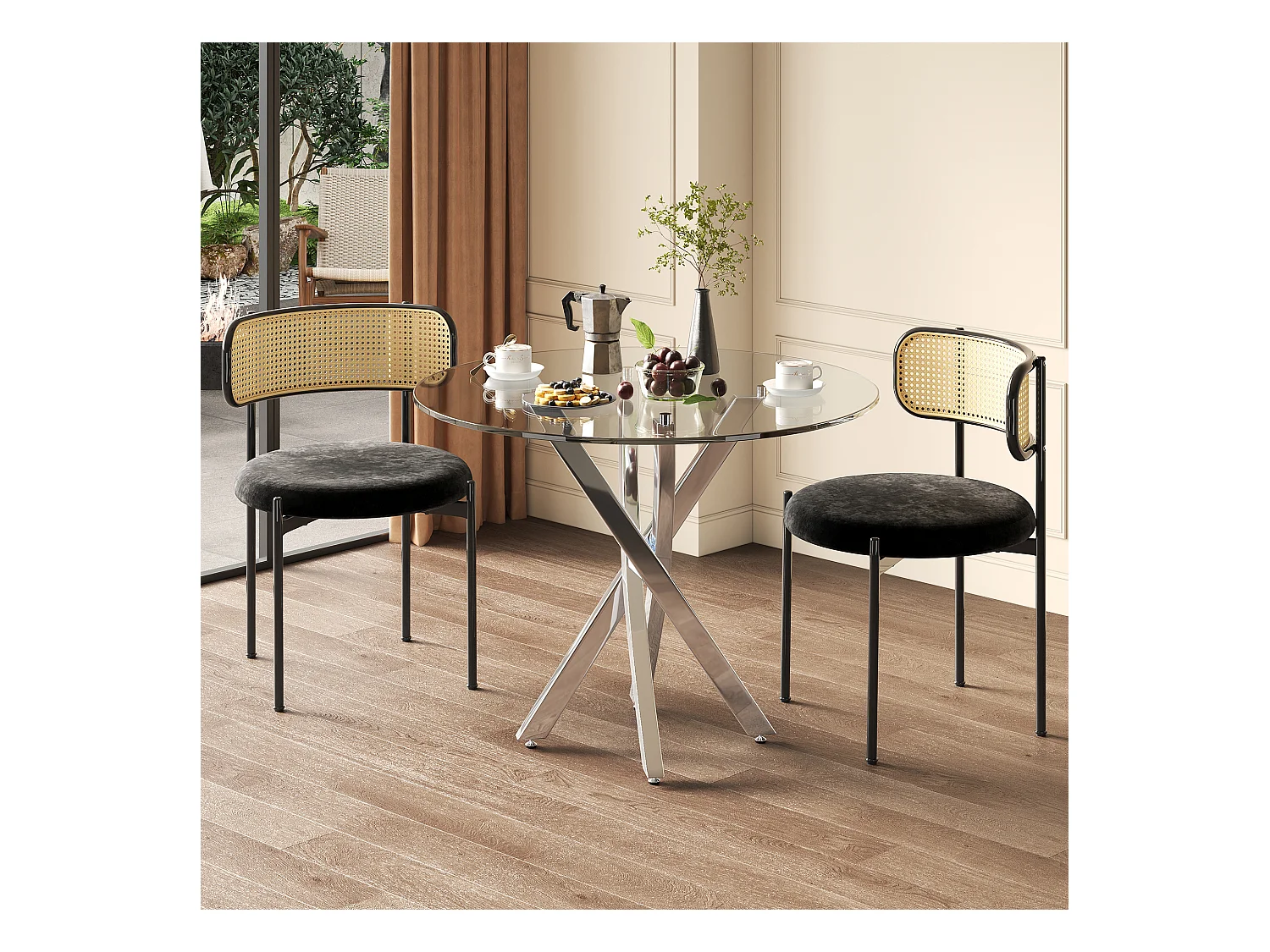 Ensemble de table à manger et 2 chaises - 80 x 80 x 75 cm -  plateau de table en verre trempé - velours + métal - noir