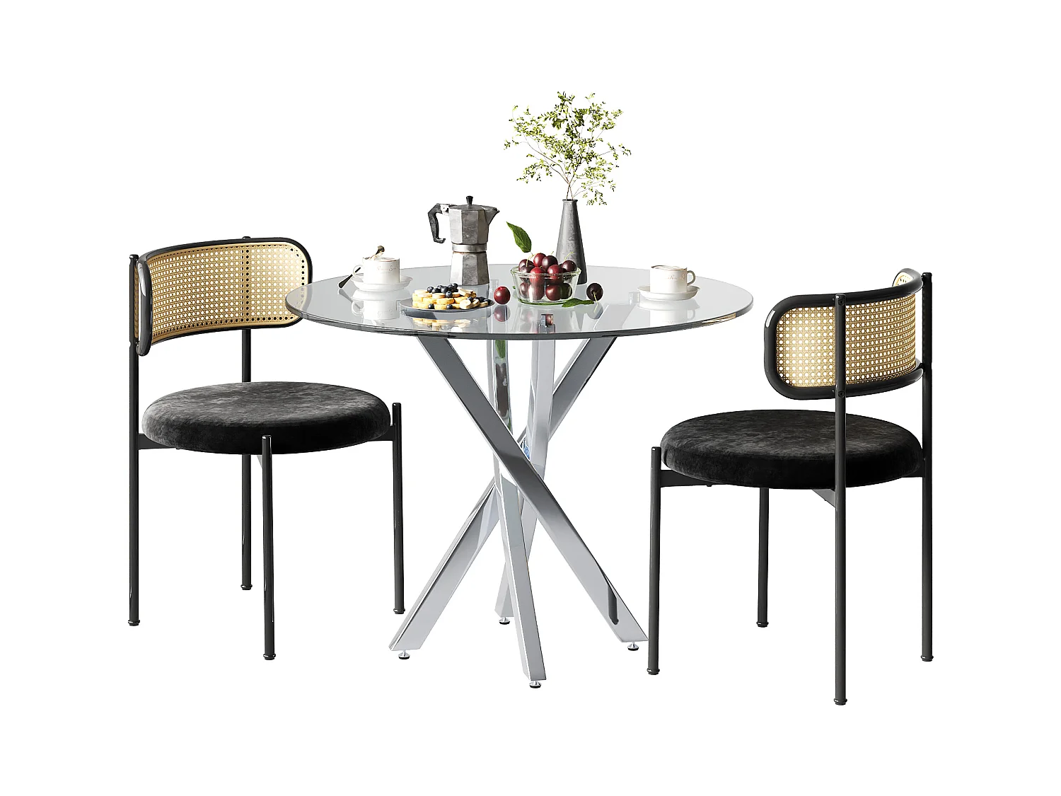 Zestaw stół jadalny i 2 krzesła - 80 x 80 x 75 cm - blat ze szkła hartowanego - aksamit + metal - czarny