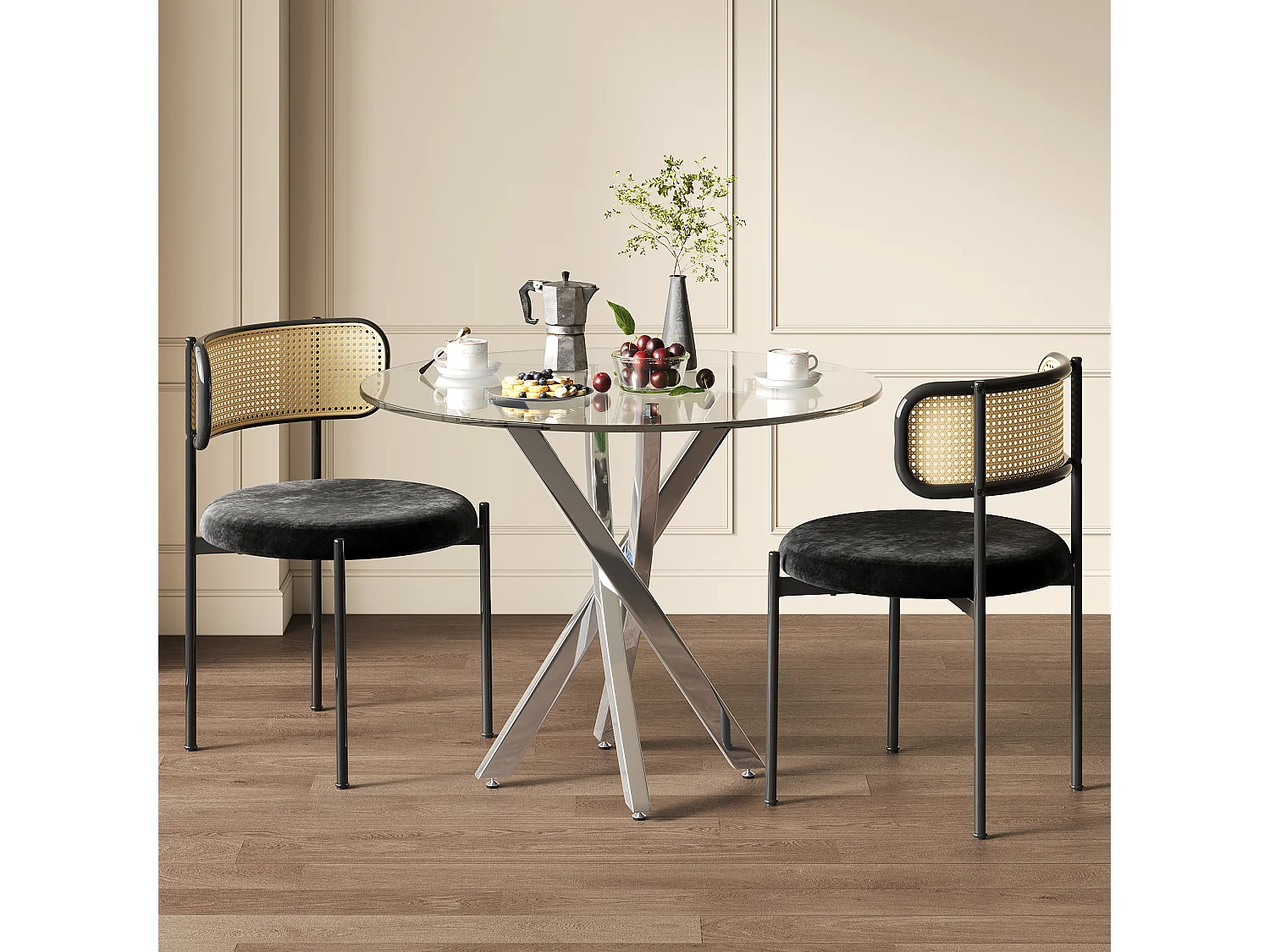 Conjunto de mesa de jantar e 2 cadeiras - 80 x 80 x 75 cm - tampo de vidro temperado - veludo + metal - preto