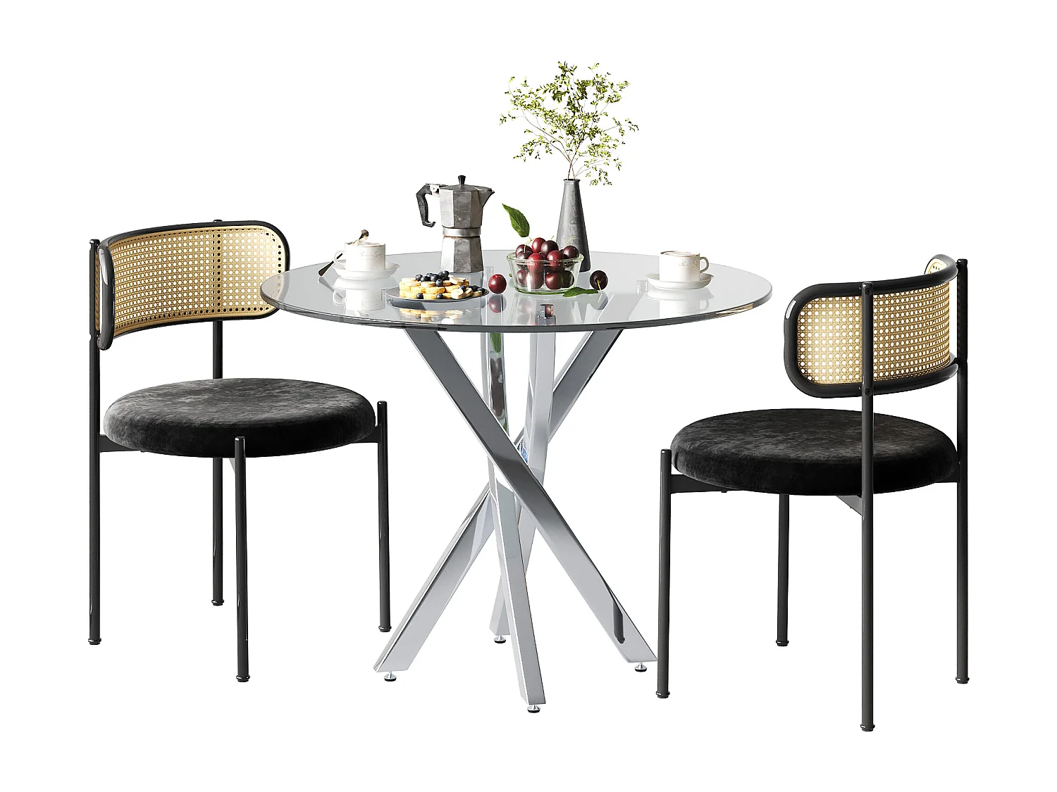 Conjunto de mesa de jantar e 2 cadeiras - 80 x 80 x 75 cm - tampo de vidro temperado - veludo + metal - preto