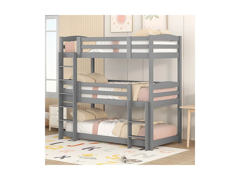 Kinder-Etagenbett 3-Sitzer - 3 x 90 x 200 cm - Holz + MDF - grau