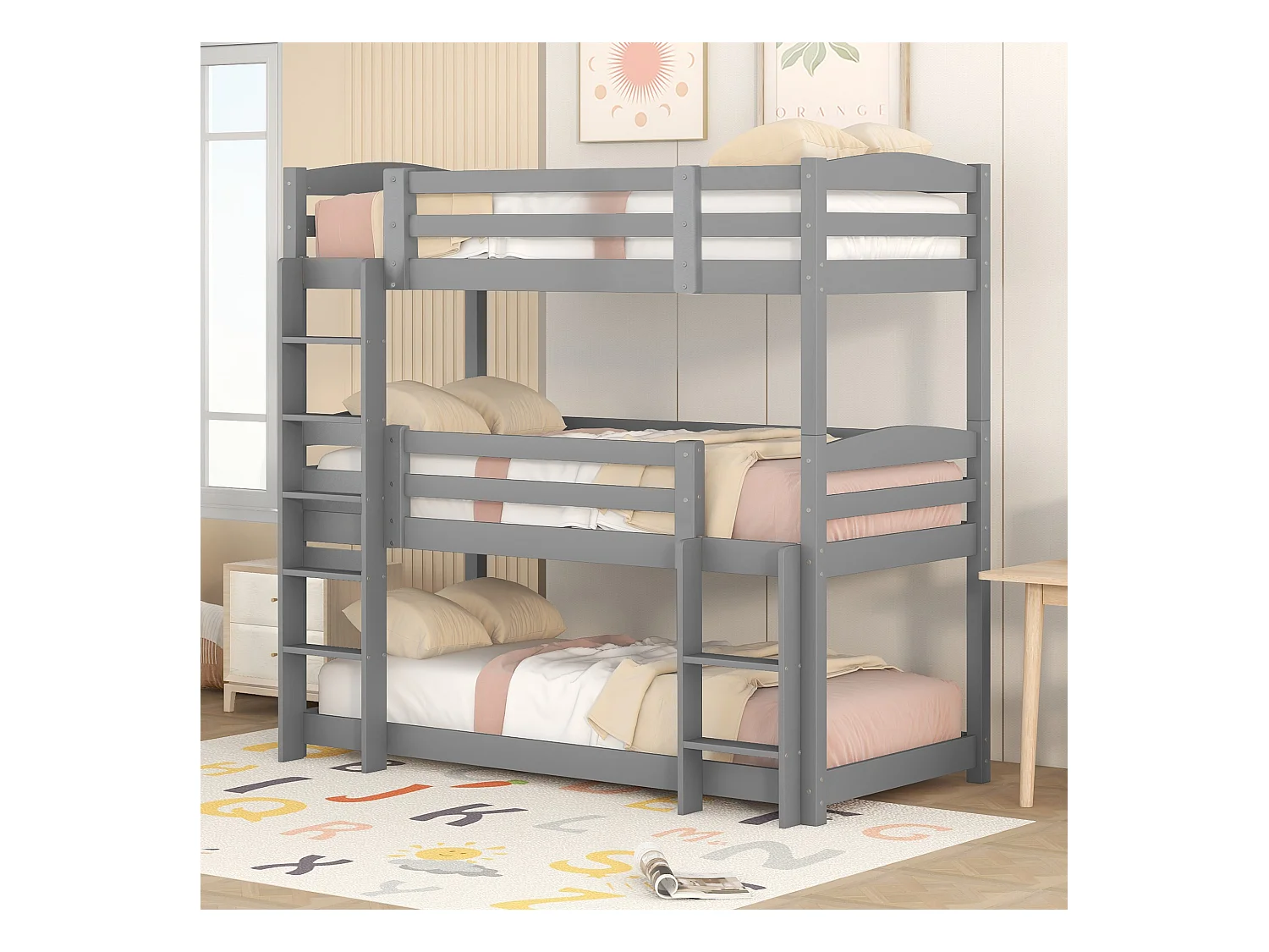 Lit superposés 3 places pour enfant - 3 x 90 x 200 cm - bois + MDF - gris