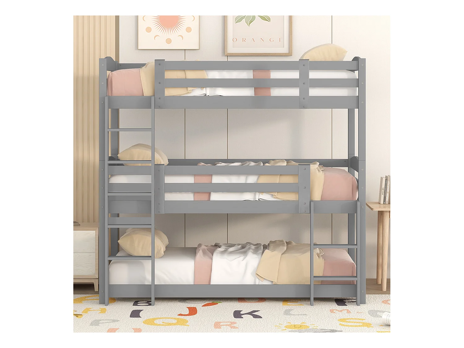 Lit superposés 3 places pour enfant - 3 x 90 x 200 cm - bois + MDF - gris