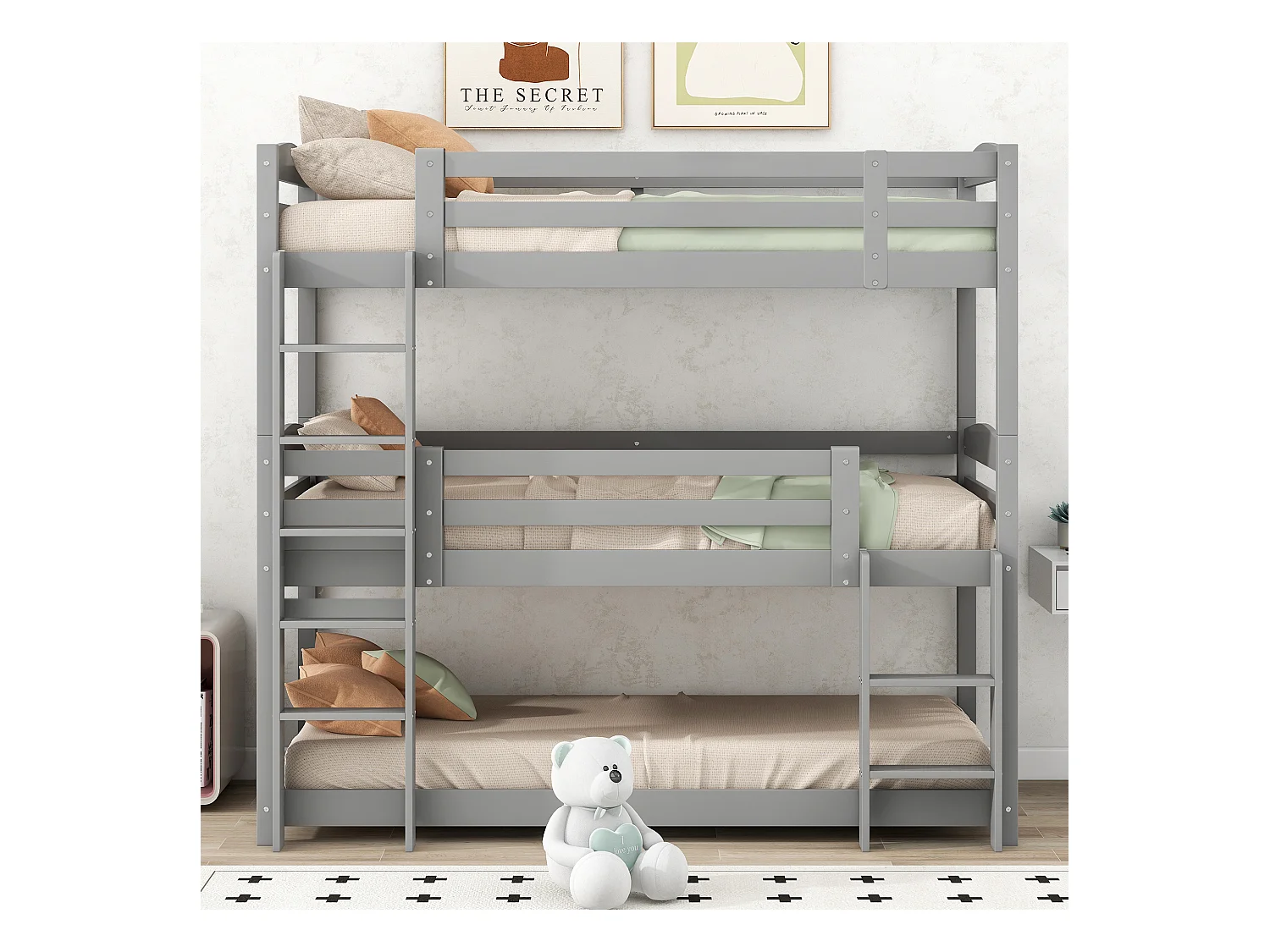 Lit superposés 3 places pour enfant - 3 x 90 x 200 cm - bois + MDF - gris