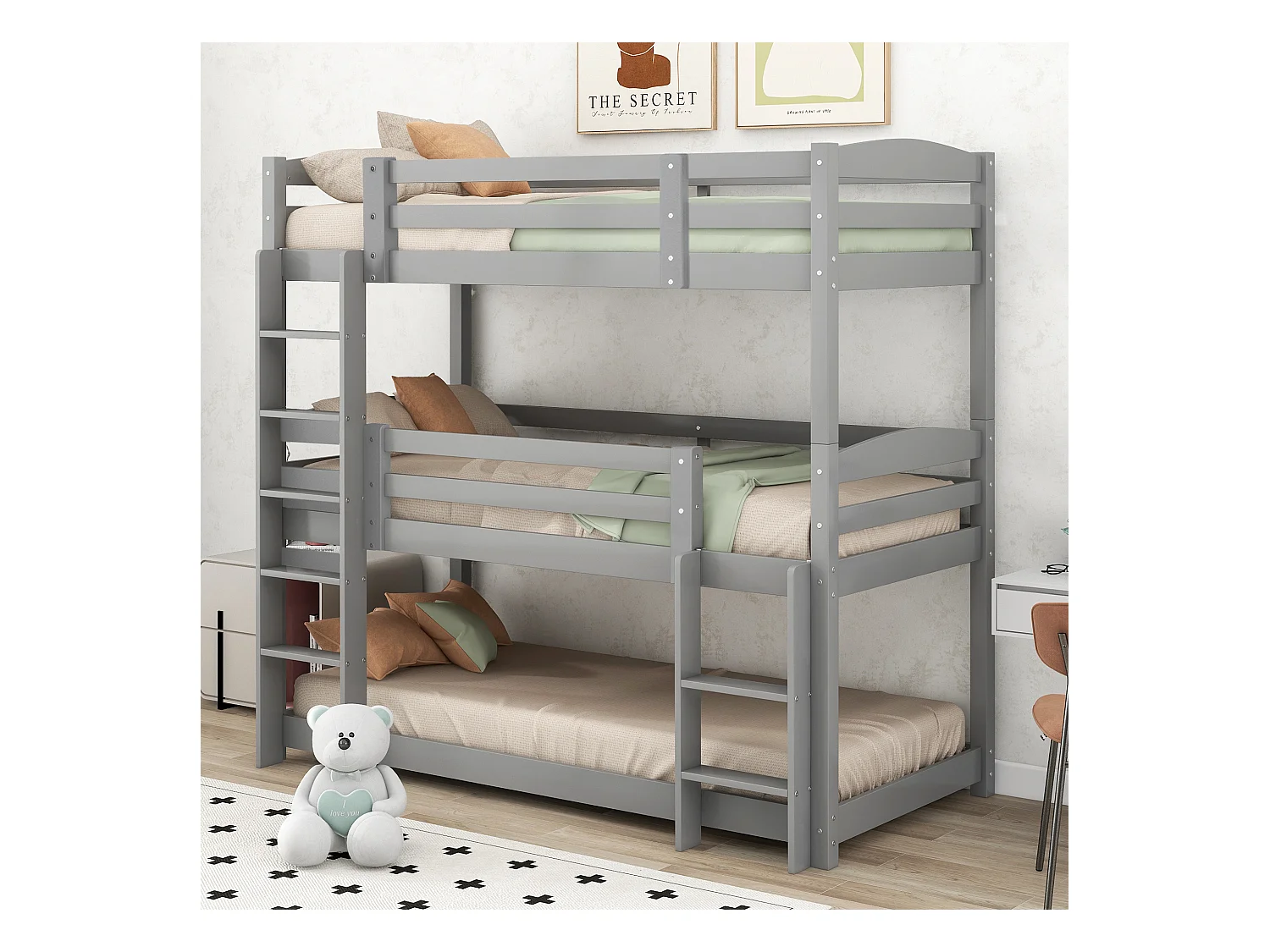 Lit superposés 3 places pour enfant - 3 x 90 x 200 cm - bois + MDF - gris