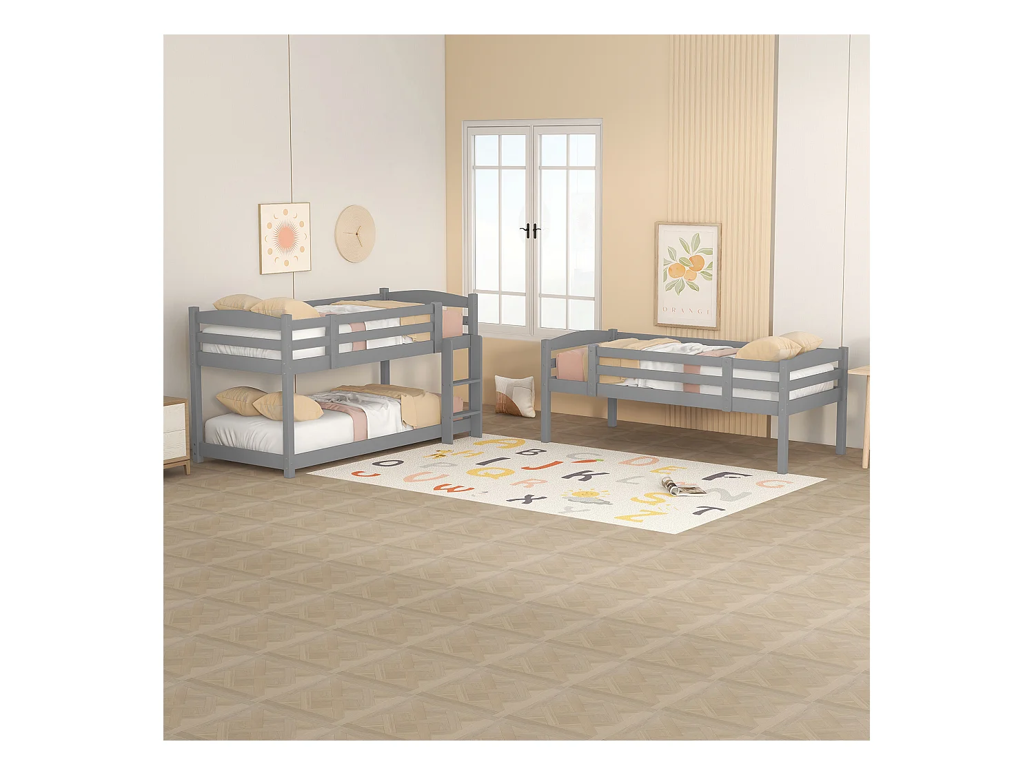 Kinder-Etagenbett 3-Sitzer - 3 x 90 x 200 cm - Holz + MDF - grau