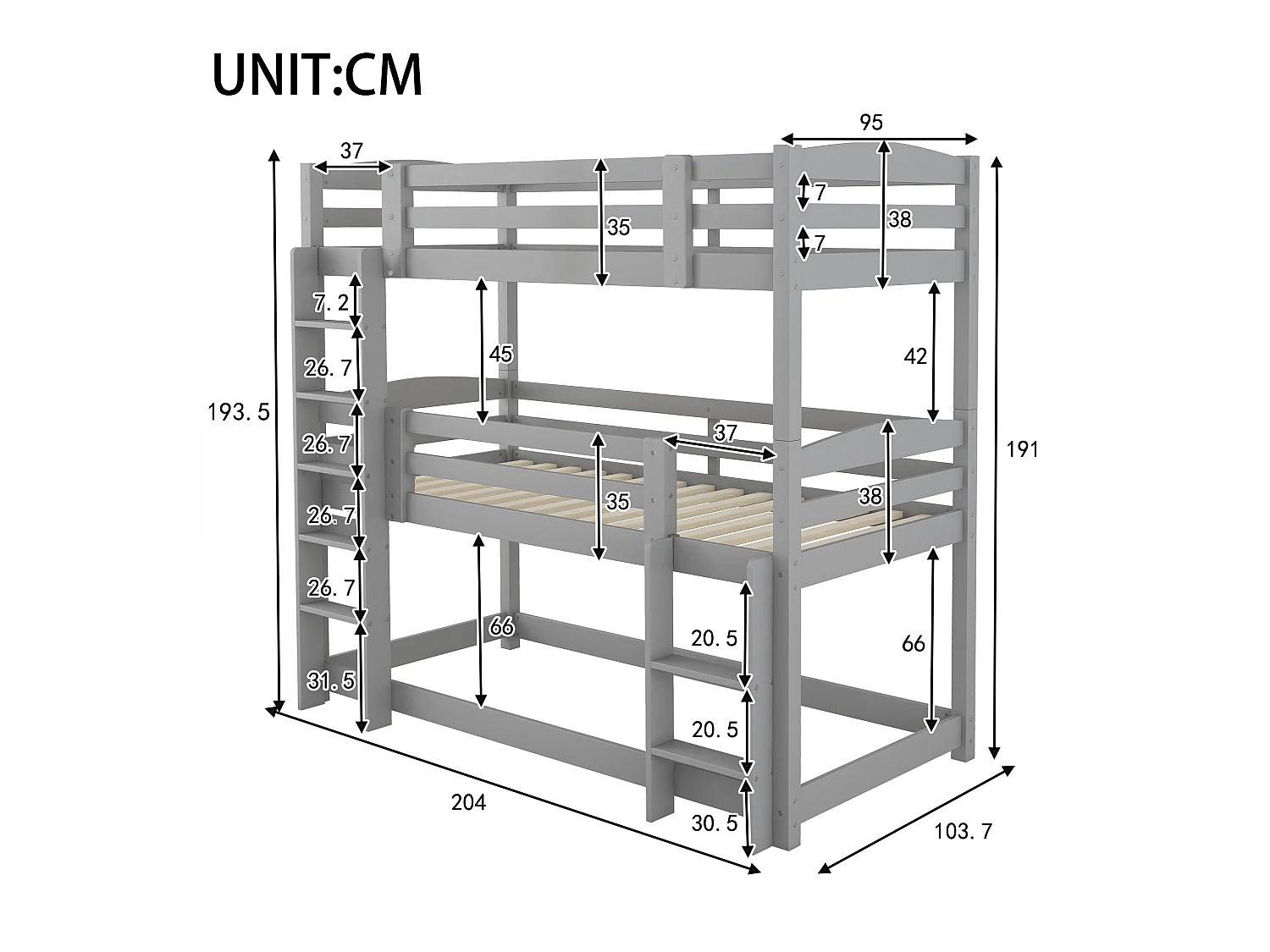 Kinder-Etagenbett 3-Sitzer - 3 x 90 x 200 cm - Holz + MDF - grau