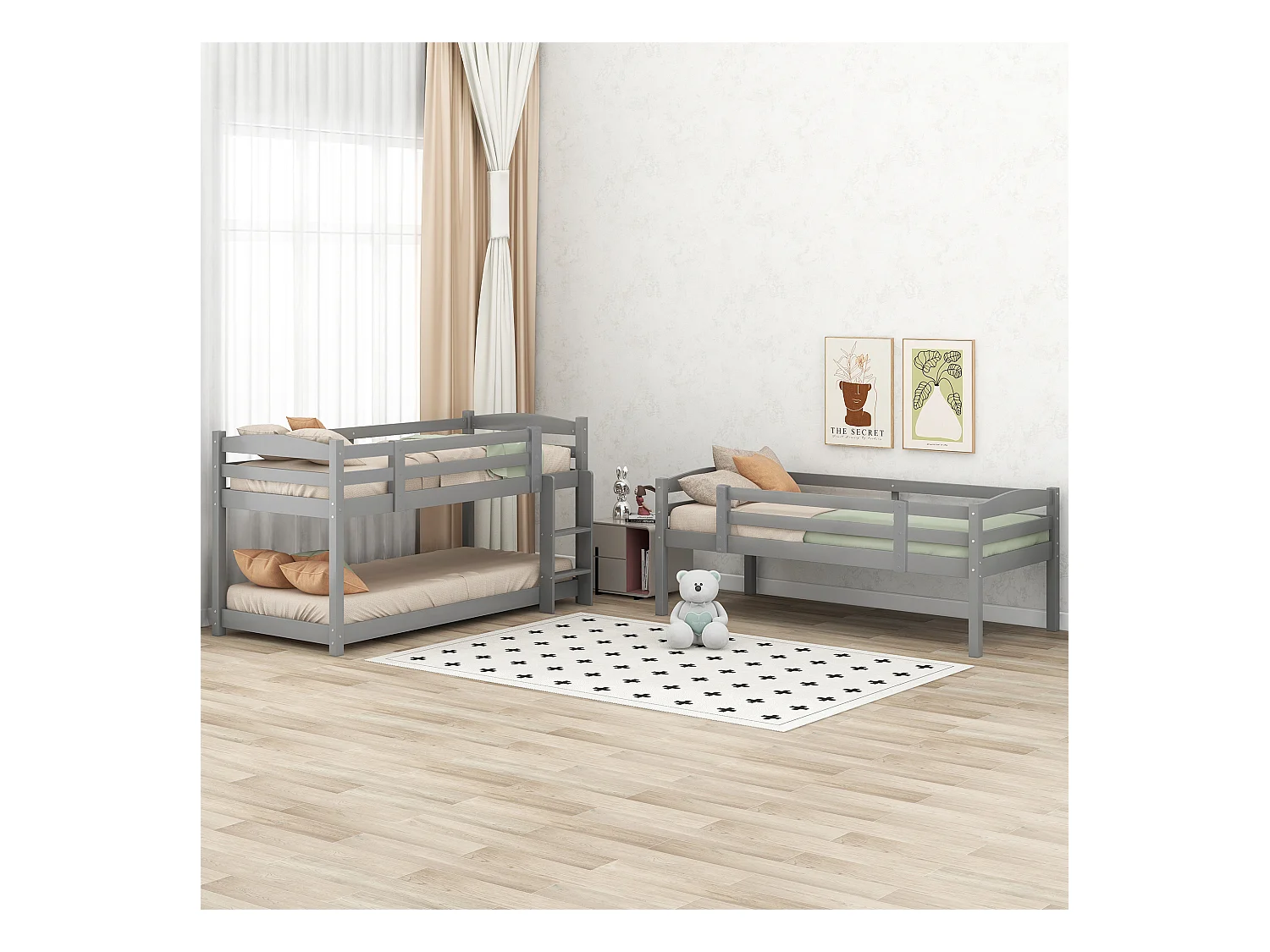 Kinder-Etagenbett 3-Sitzer - 3 x 90 x 200 cm - Holz + MDF - grau