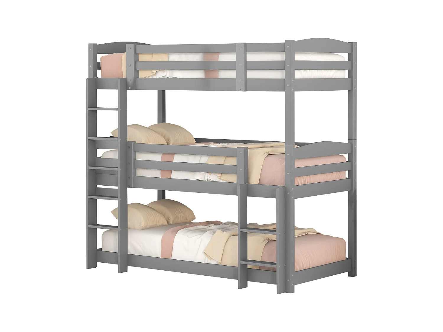 Kinder-Etagenbett 3-Sitzer - 3 x 90 x 200 cm - Holz + MDF - grau