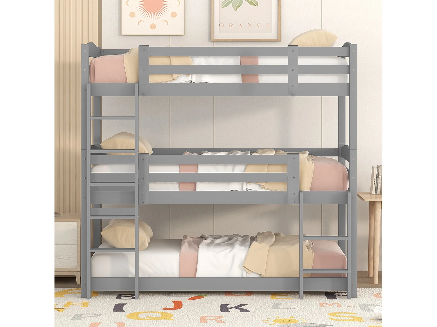 Kinder-Etagenbett 3-Sitzer - 3 x 90 x 200 cm - Holz + MDF - grau