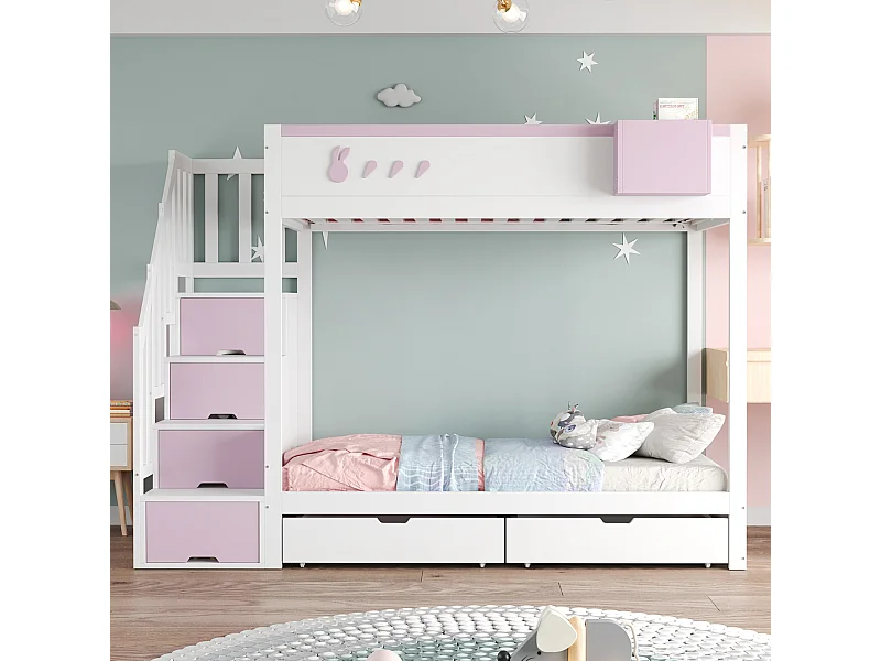 Kinderstapelbed - 2 x 90 x 200 cm - met opbergladder + 2 lades - hout - wit + roze