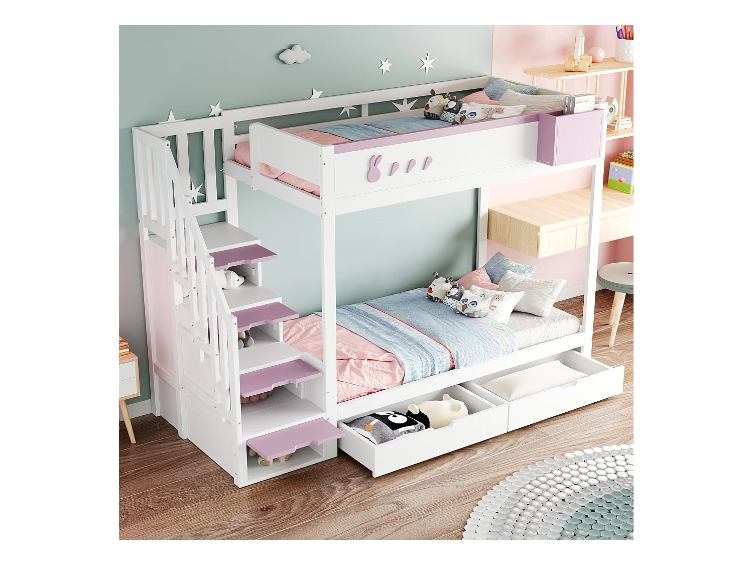 Kinderstapelbed - 2 x 90 x 200 cm - met opbergladder + 2 lades - hout - wit + roze