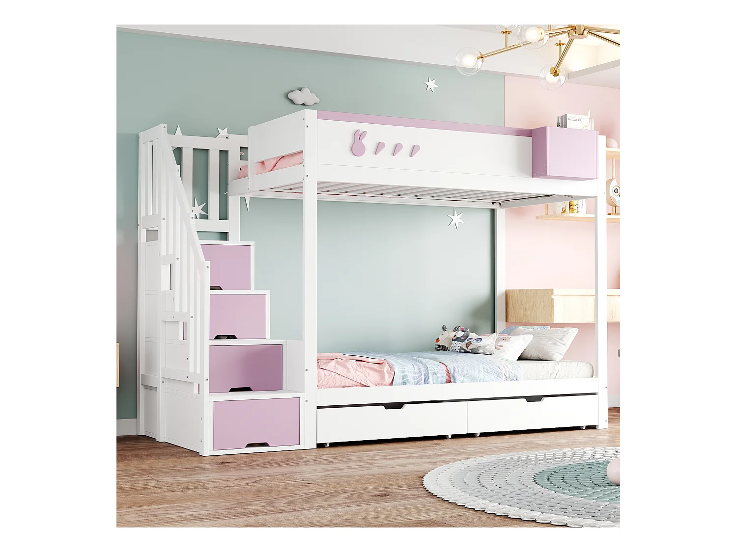 Kinderstapelbed - 2 x 90 x 200 cm - met opbergladder + 2 lades - hout - wit + roze